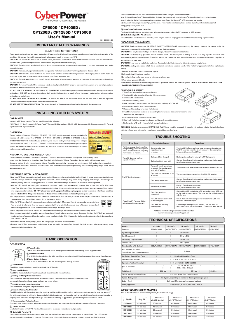Page 1 de la notice Manuel utilisateur CyberPower CP1200D