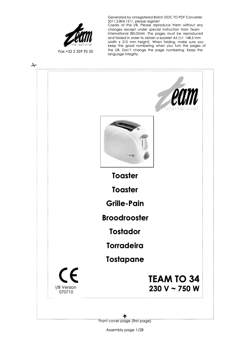 Page 1 de la notice Manuel utilisateur Team TO 34