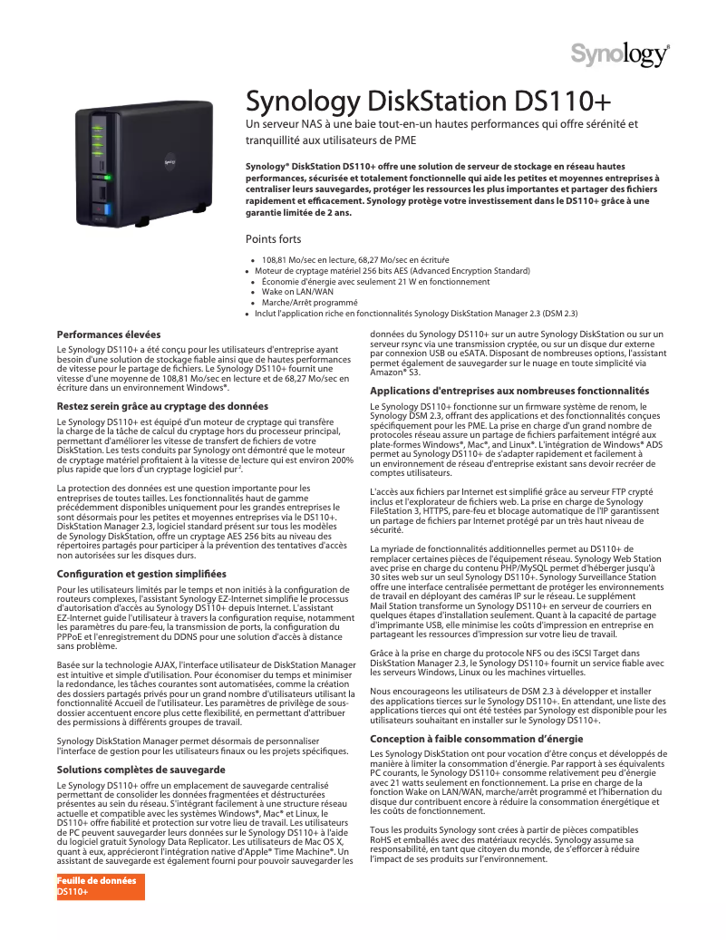 Image de la première page du manuel de l'appareil DiskStation DS110+
