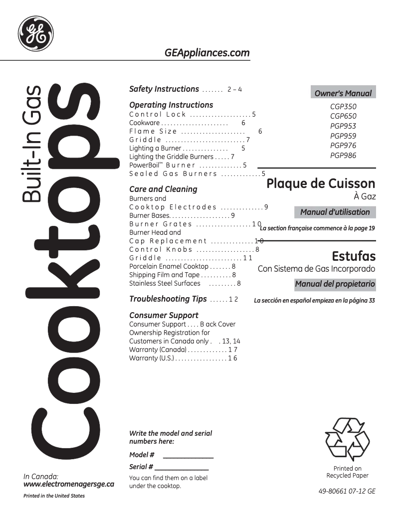 Página 1 del manual Manual de instrucciones GE Café CGP650SETSS
