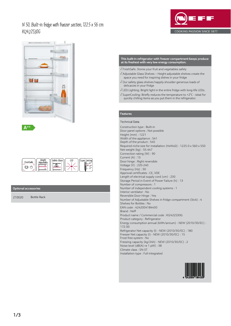 Page 1 de la notice Fiche technique Neff KI2422S30G