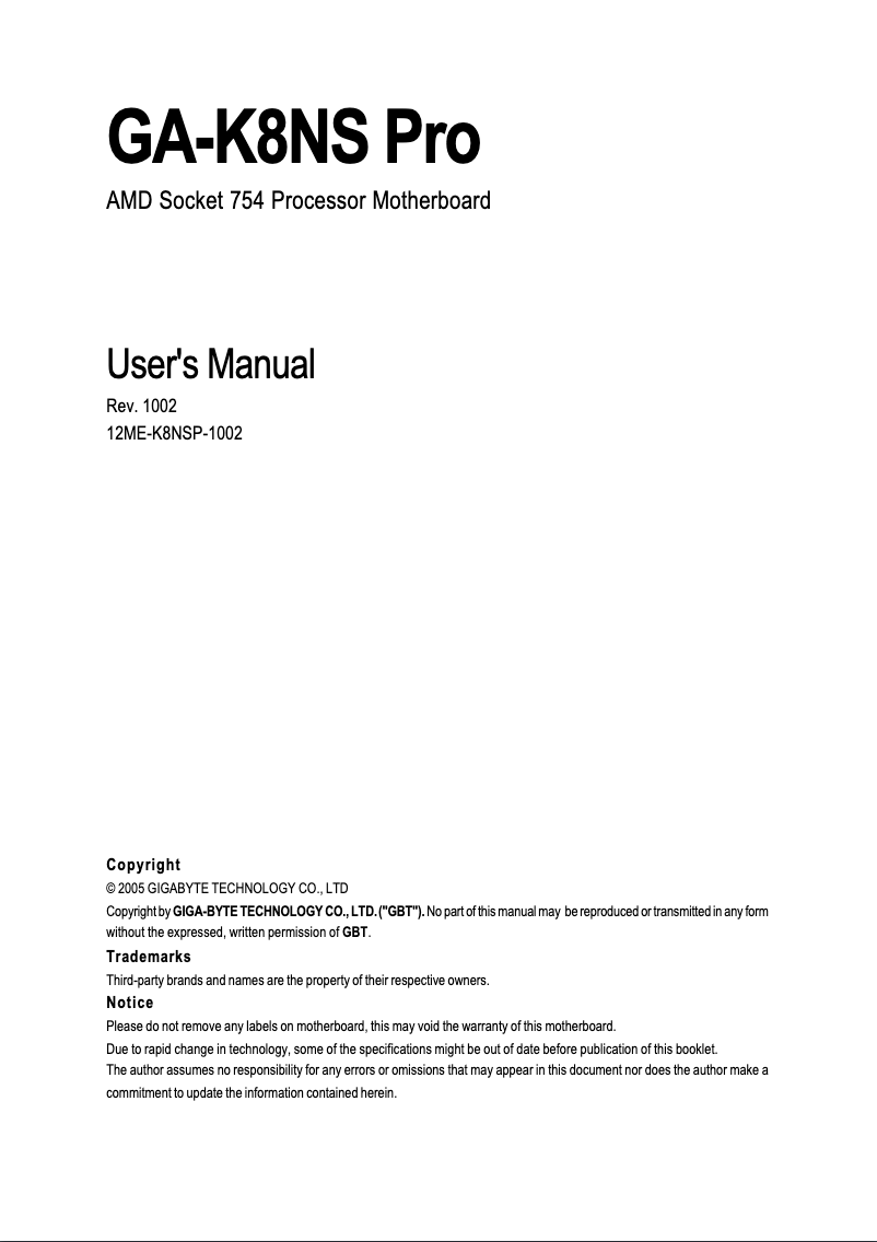 Page n°1 - Manuel utilisateur Gigabyte GA-K8NS Pro