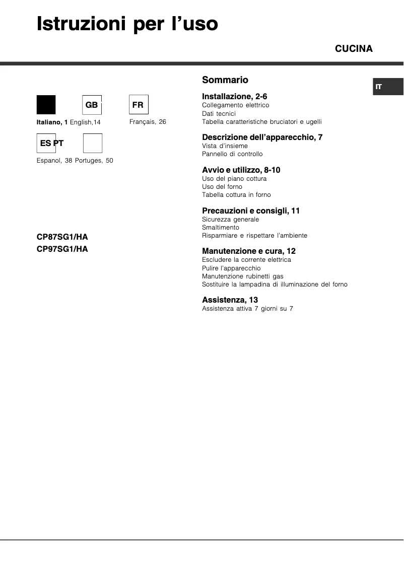 Page 1 de la notice Manuel utilisateur Hotpoint Ariston CP97SG1