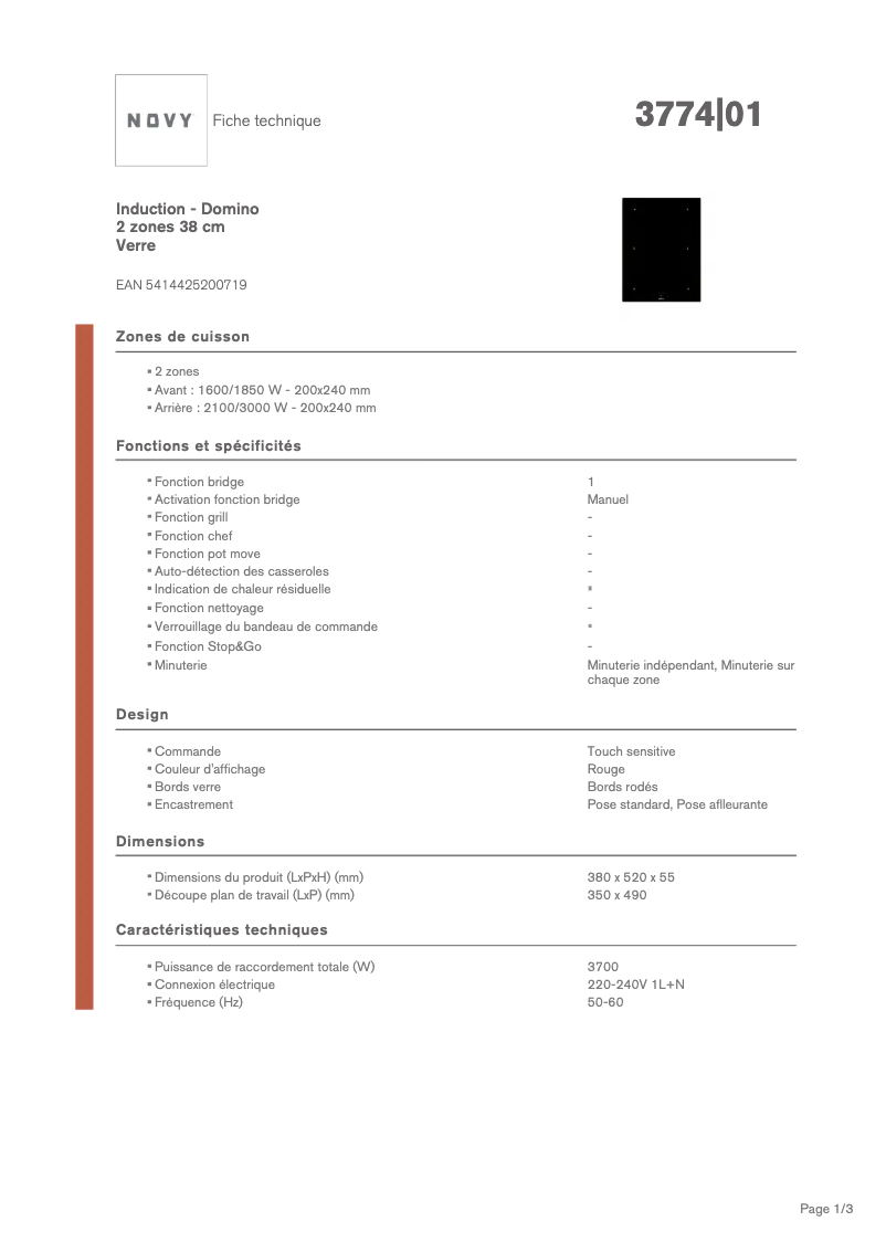 Page 1 de la notice Fiche technique Novy Domino 3774