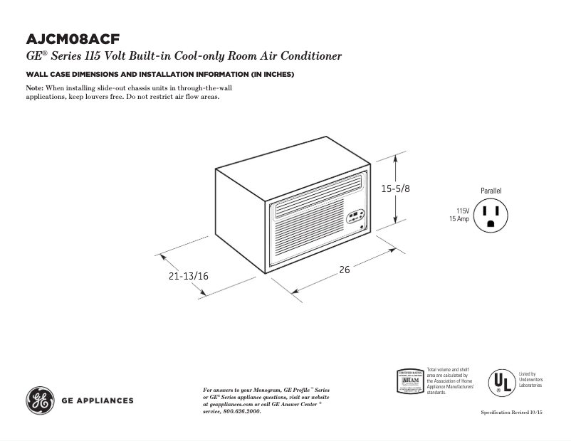 Page 1 of the manual Technical Sheet GE AJCM08ACF