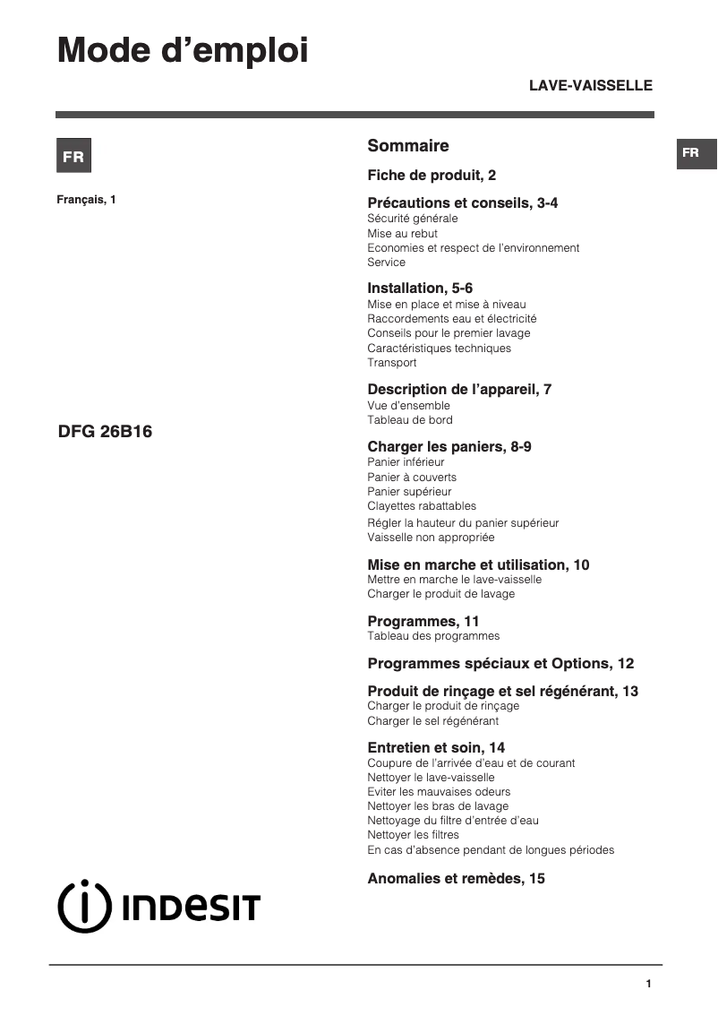 Page n°1 - Manuel utilisateur Indesit DFG 26B16 FR