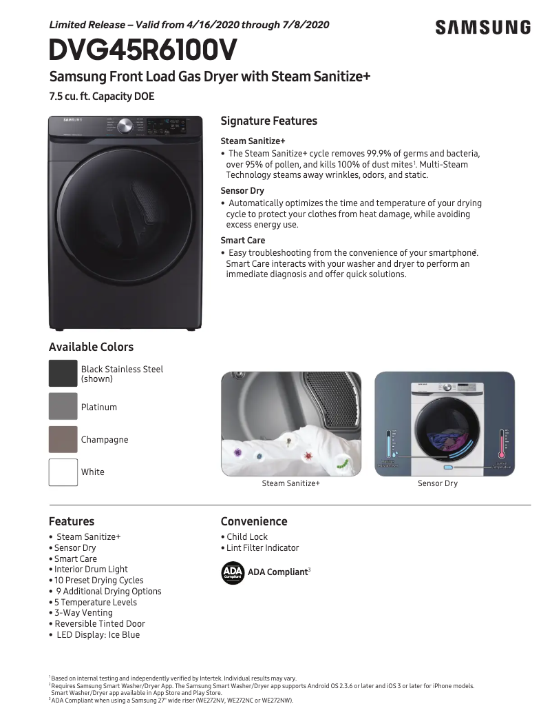 Page 1 de la notice Fiche technique Samsung DVG45R6100V/A3