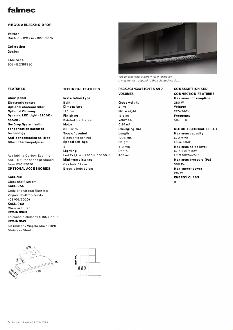 Page 1 de la notice Fiche technique Falmec Virgola No-Drop Evo