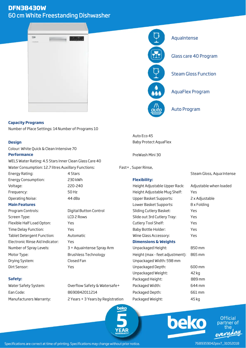 Page 1 de la notice Fiche technique Beko DFN38450W