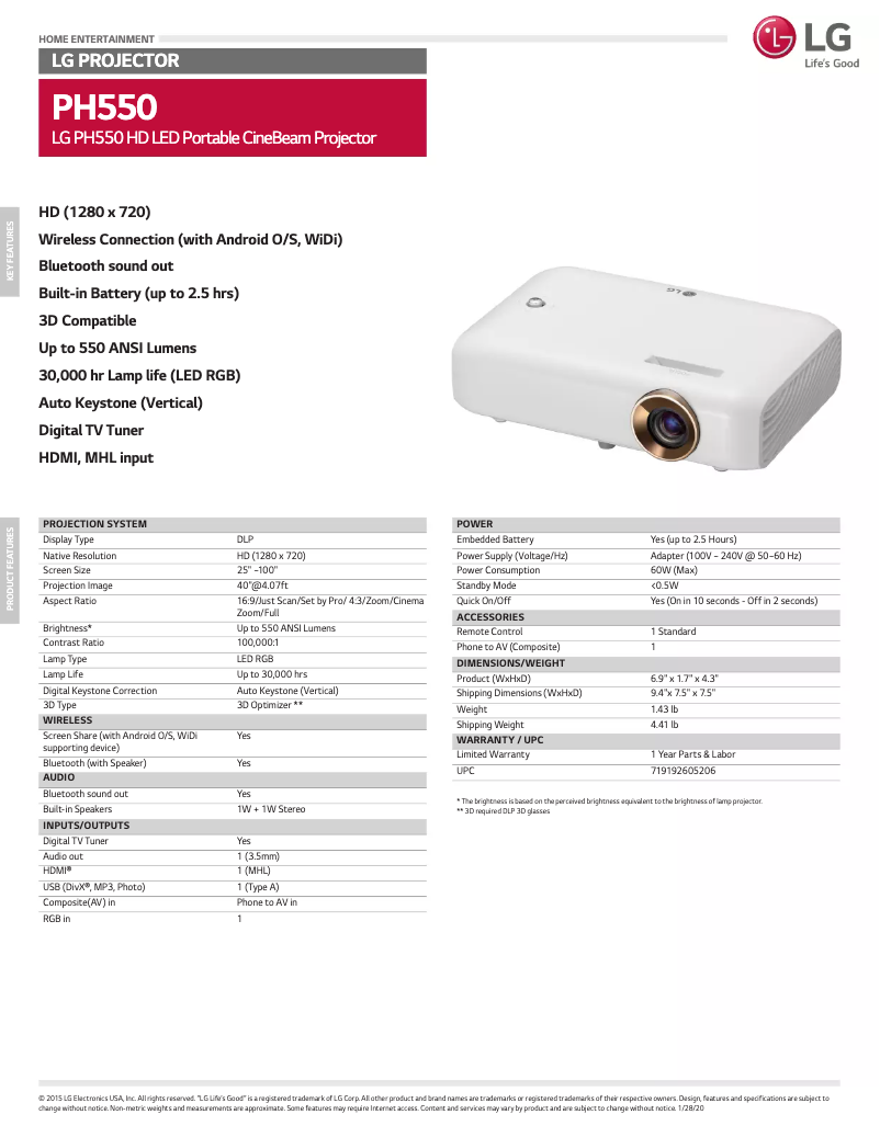 Page 1 de la notice Fiche technique LG PH550