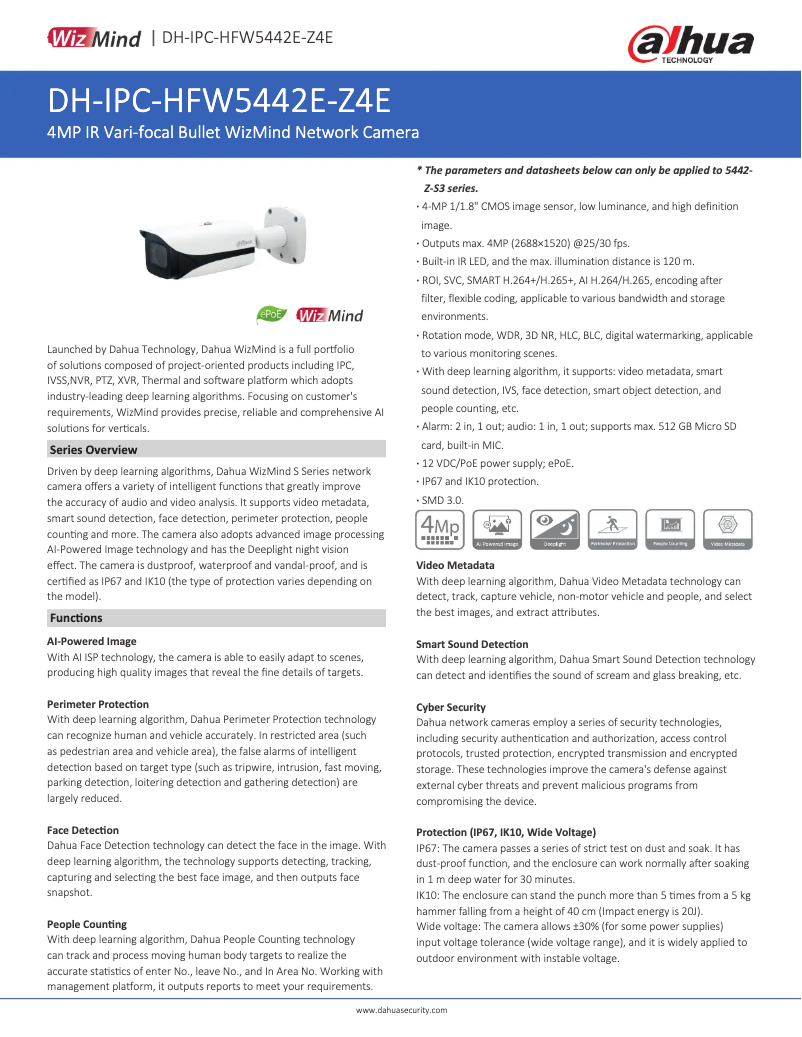 Page n°1 - Fiche technique Dahua Technology IPC-HFW5442E-Z4E
