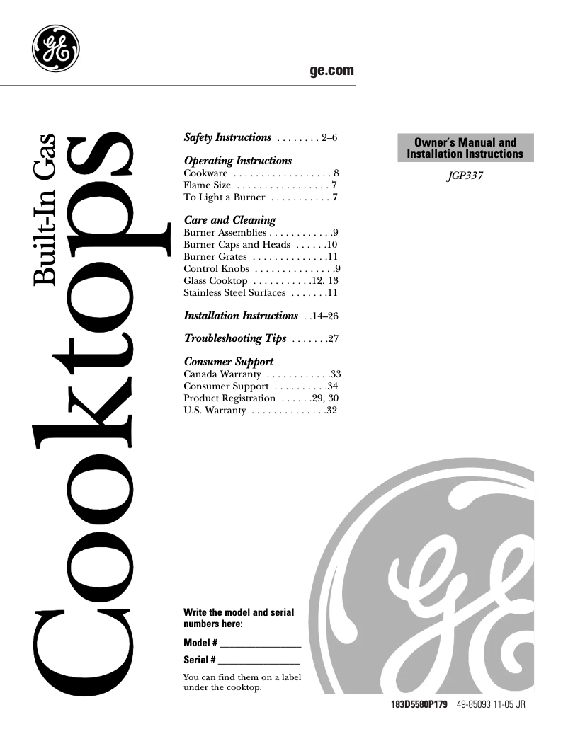 Page 1 de la notice Guide d'installation GE JGP337BEJBB