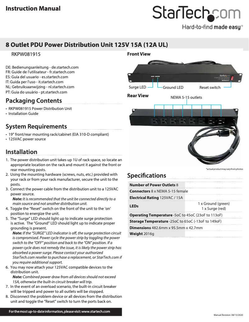 Page 1 de la notice Manuel utilisateur StarTech.com RKPW081915