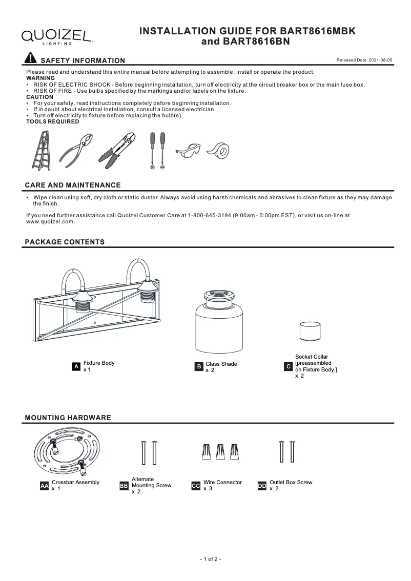 Page 1 de la notice Manuel utilisateur Quoizel Bartley BART8616MBK