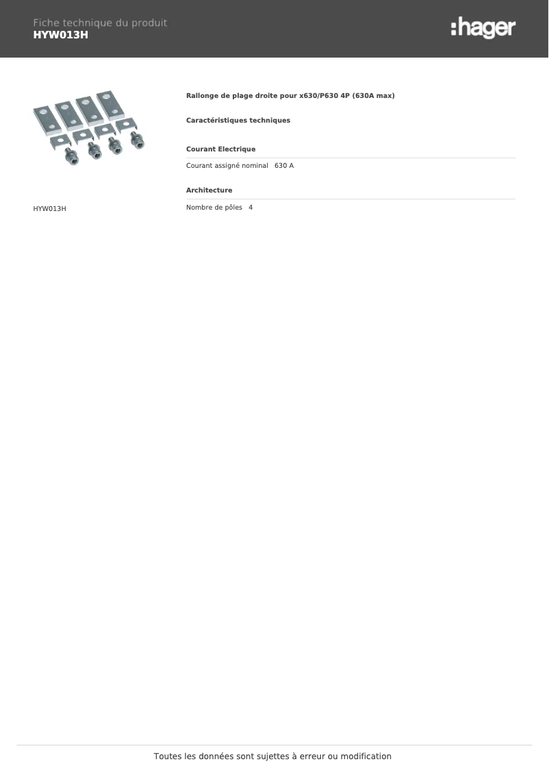 Page 1 de la notice Fiche technique Hager HYW013H