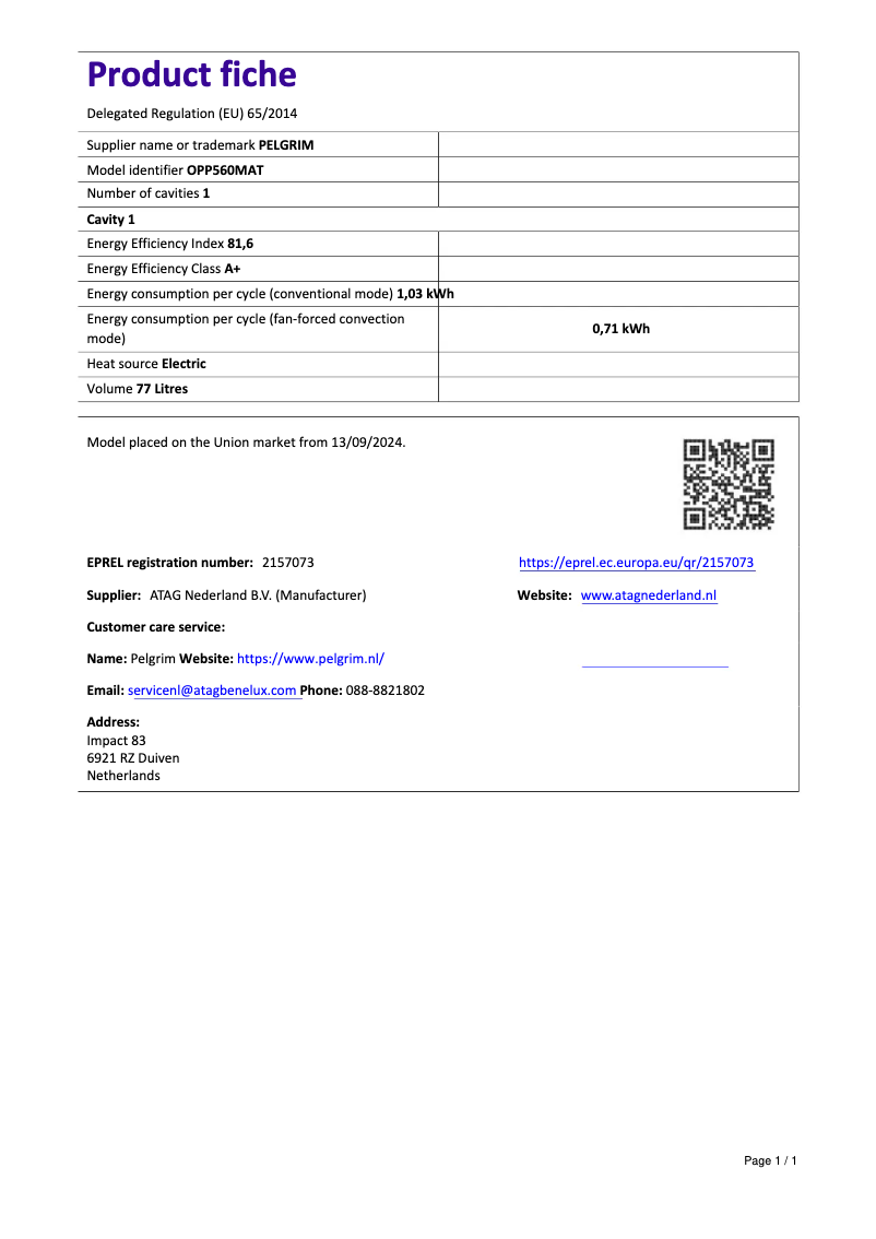 Page 1 de la notice Fiche technique Pelgrim OPP560MAT
