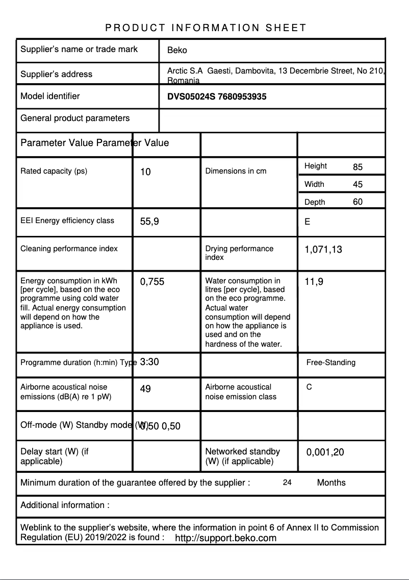 Page 1 de la notice Fiche technique Beko DVS05024S