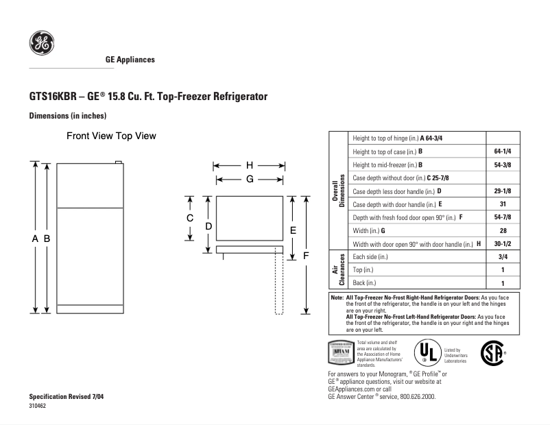 Page 1 de la notice Fiche technique GE GTS16KBRWW