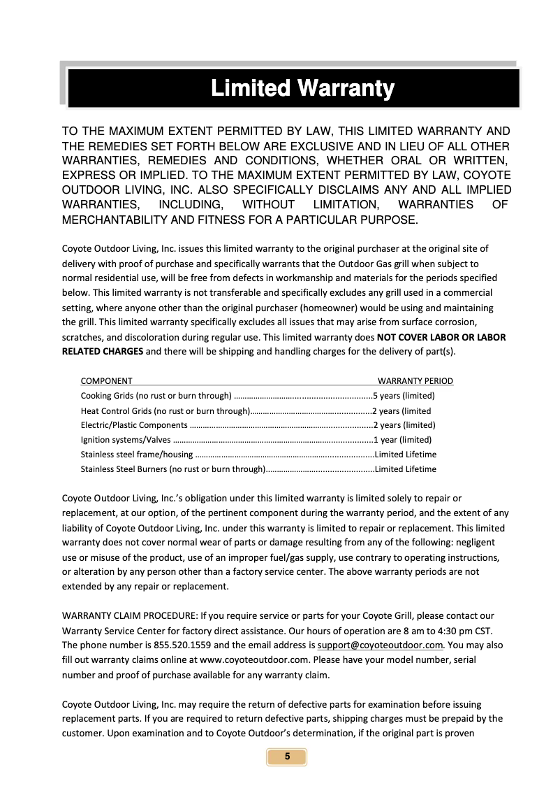 Page 1 de la notice Informations de garantie Coyote C1S36LP
