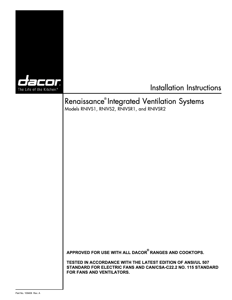Page 1 de la notice Guide d'installation Dacor RNIVSR1