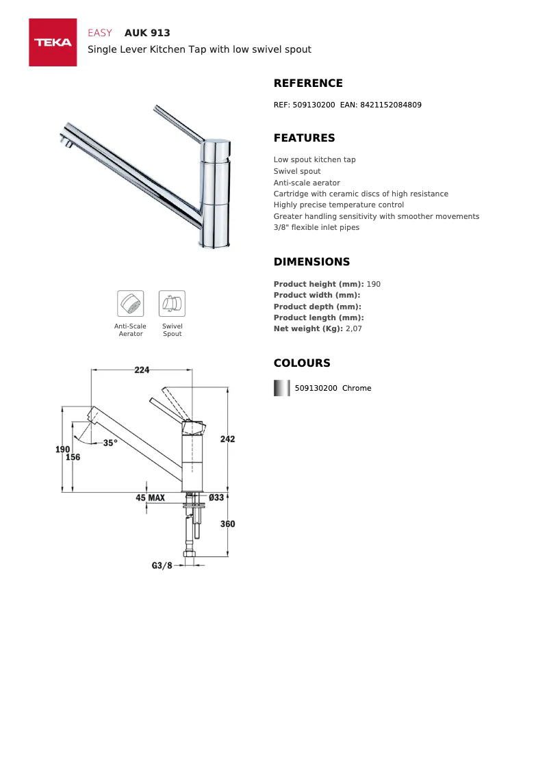 Page 1 de la notice Fiche technique Teka AUK 913