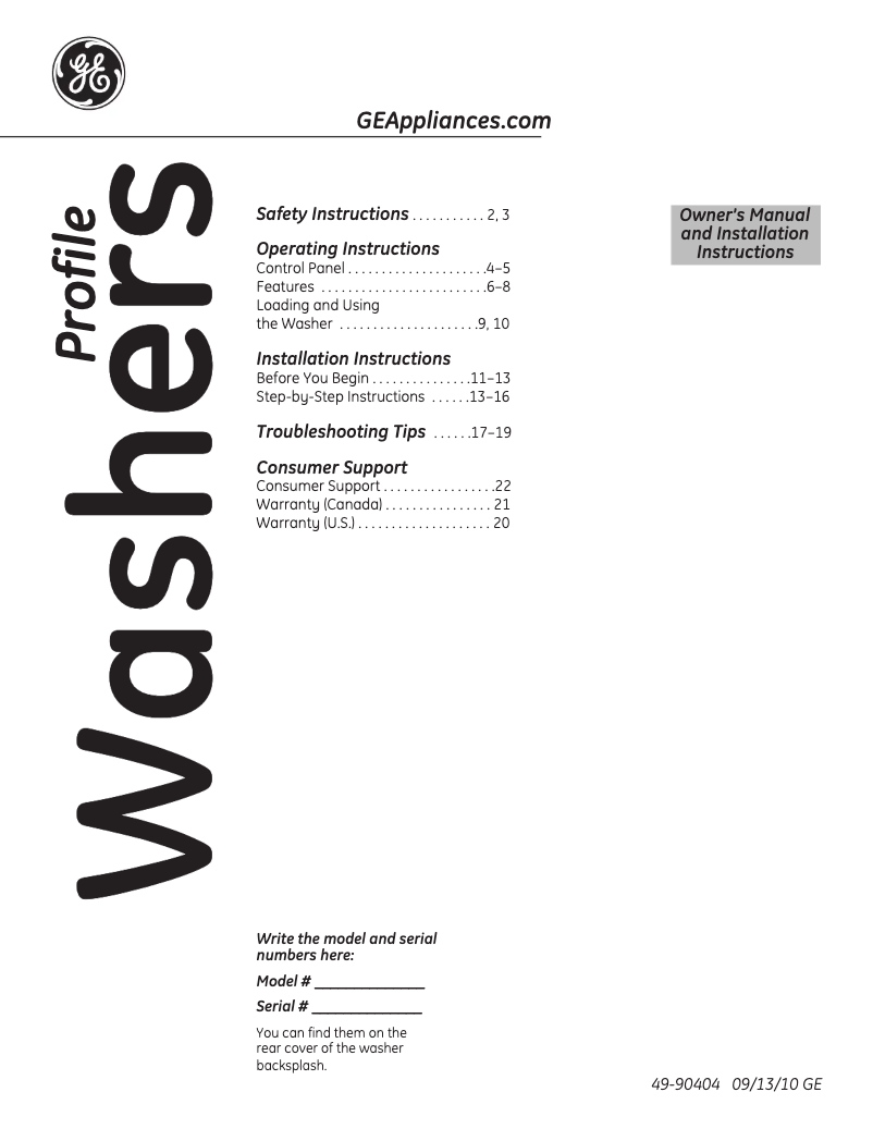 Page n°1 - Manuel utilisateur GE Harmony PTWN8055MMS