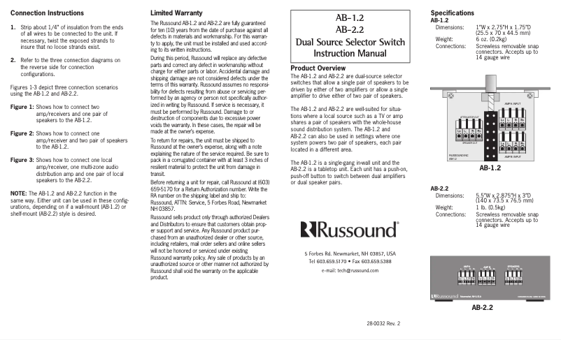 Page 1 de la notice Manuel utilisateur Russound AB-1.2