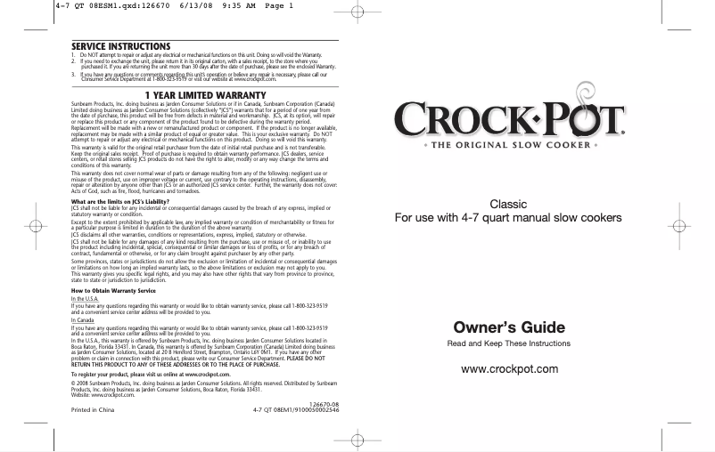 Page 1 de la notice Manuel utilisateur Crock-Pot Classic SCR500-SS