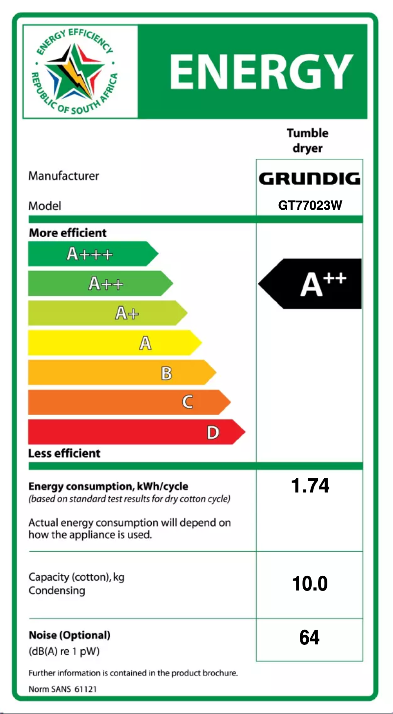 Page 1 de la notice Label énergétique Grundig GT77023W