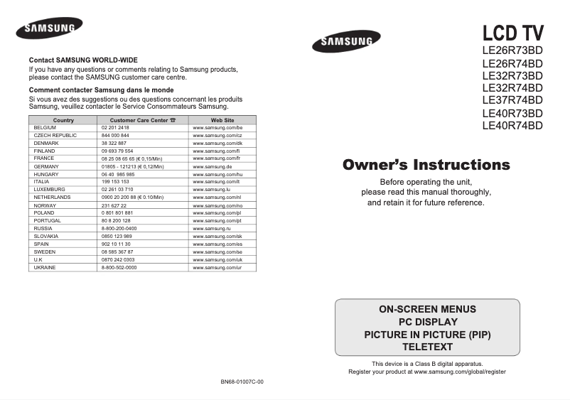 Page 1 de la notice Manuel utilisateur Samsung LE32R74BD
