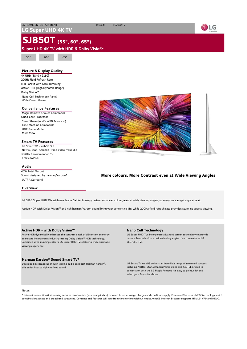 Page 1 de la notice Fiche technique LG 60SJ850T