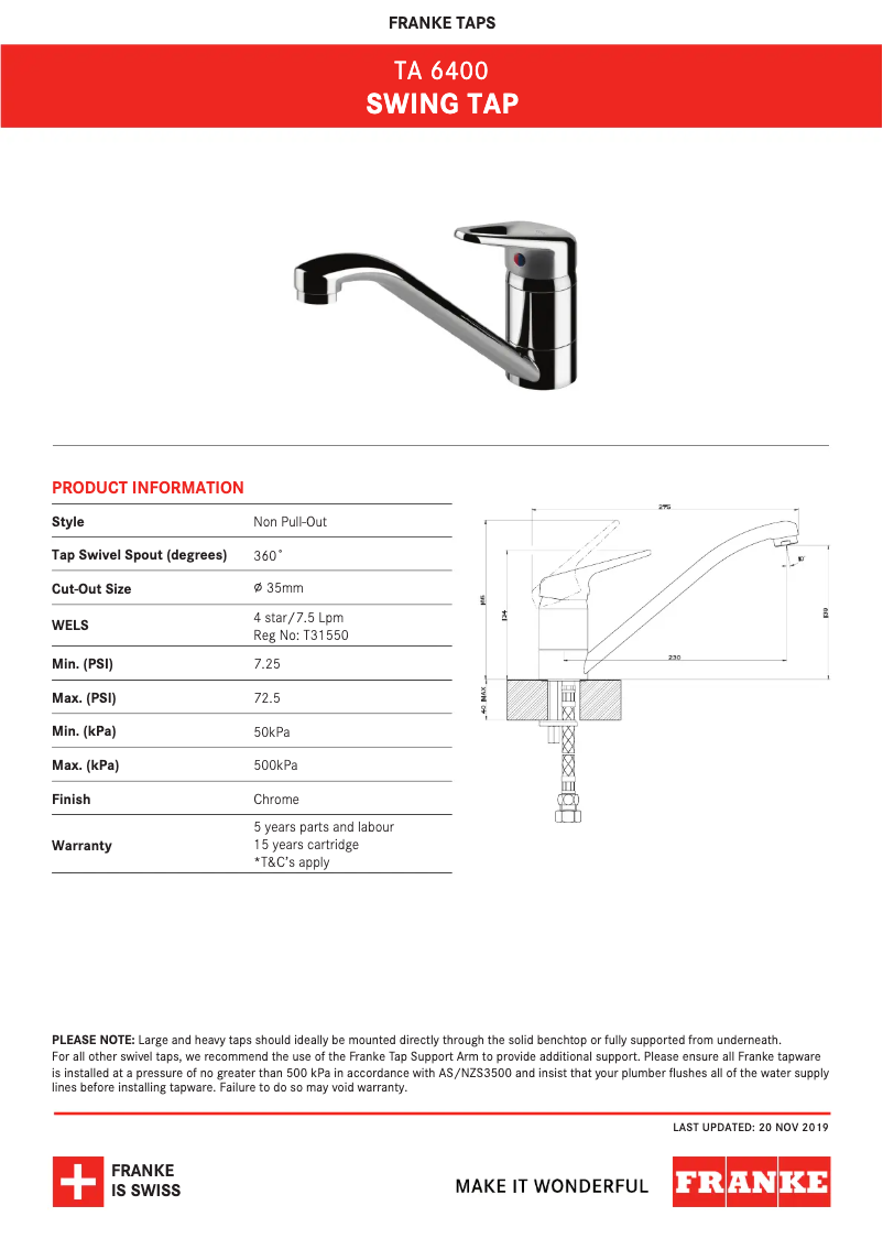Page 1 de la notice Fiche technique Franke TA6400