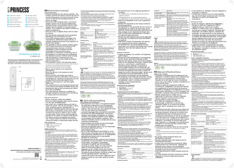 Page 1 de la notice Manuel utilisateur Princess Handheld Vacuum Sealer 492985