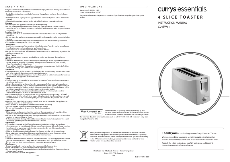 Page 1 de la notice Manuel utilisateur Currys Essentials C04TW11