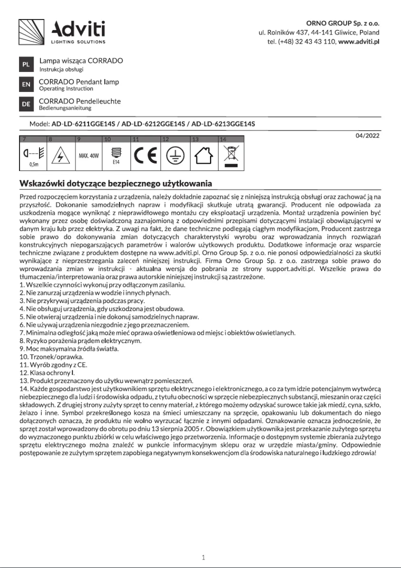 Page 1 de la notice Manuel utilisateur Adviti AD-LD-6213GGE14S