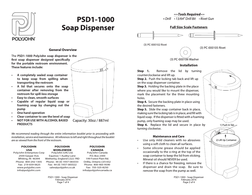Page 1 de la notice Manuel utilisateur PolyJohn PSD1-1000