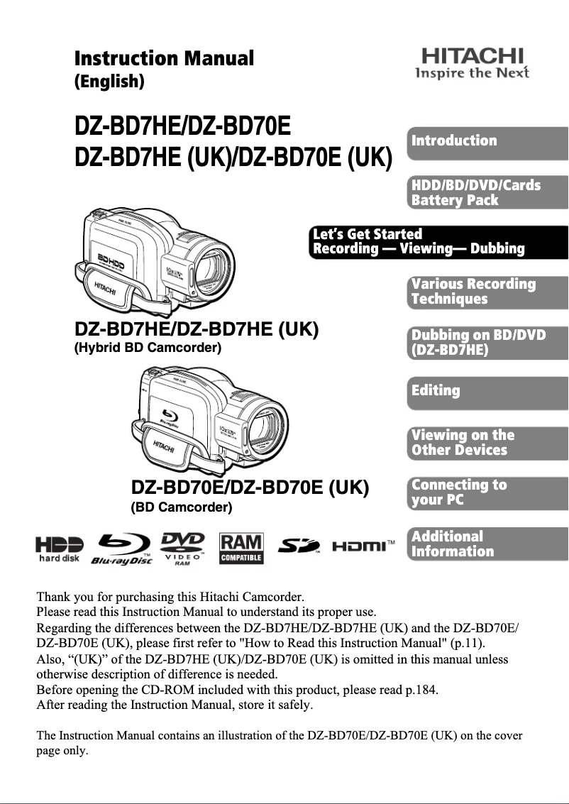 Image de la première page du manuel de l'appareil DZ-BD70E