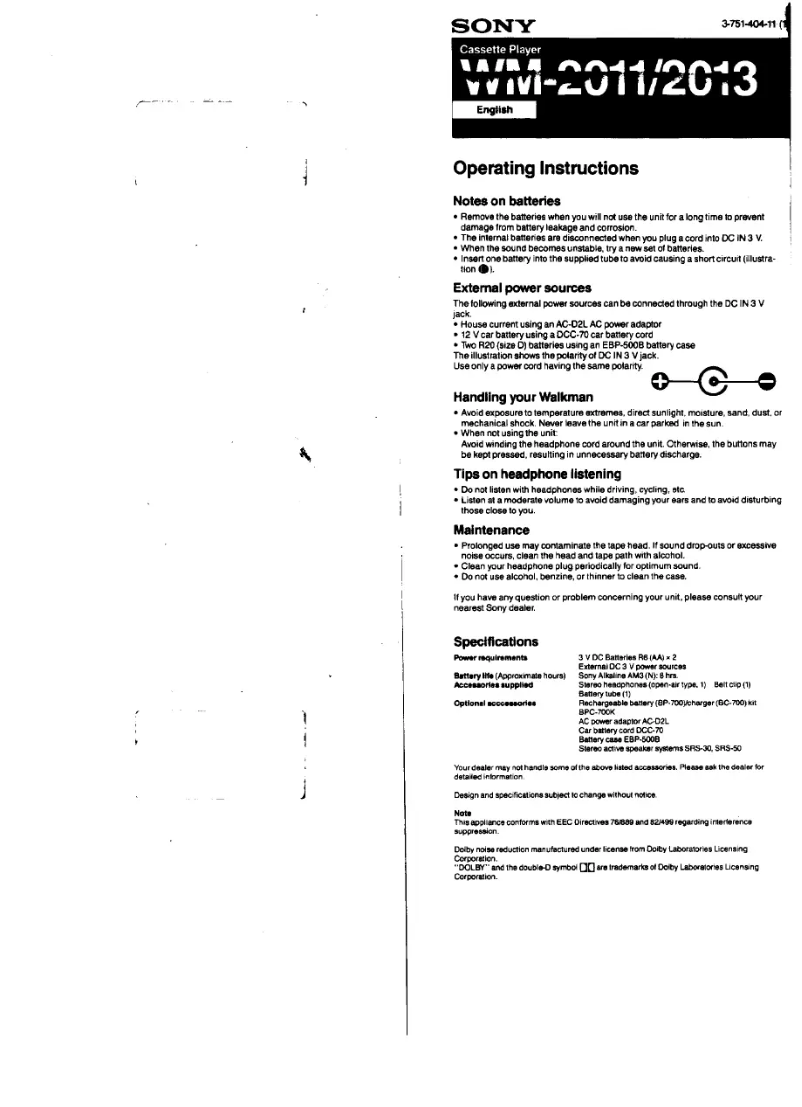 Page 1 de la notice Manuel utilisateur Sony Walkman WM-2011