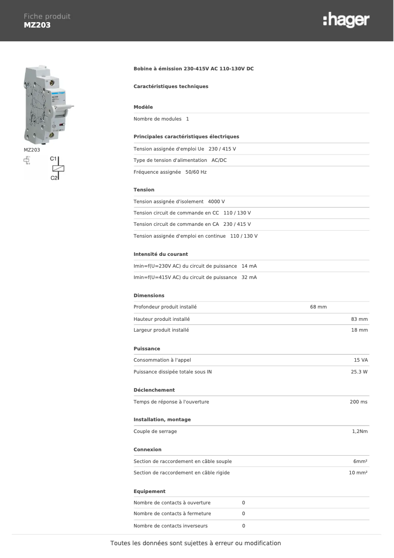 Page 1 de la notice Fiche technique Hager MZ203