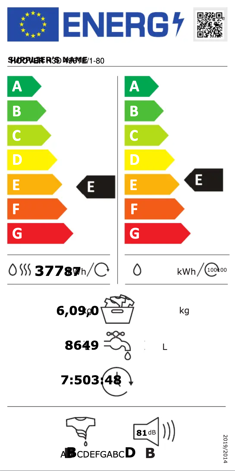 Page 1 de la notice Label énergétique Hoover H-WASH 300 LITE H3D 496TE/1-80