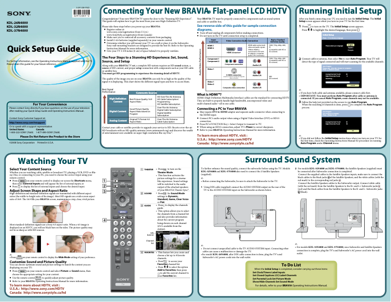 Page 1 de la notice Guide d'installation Sony Bravia KDL-37N4000