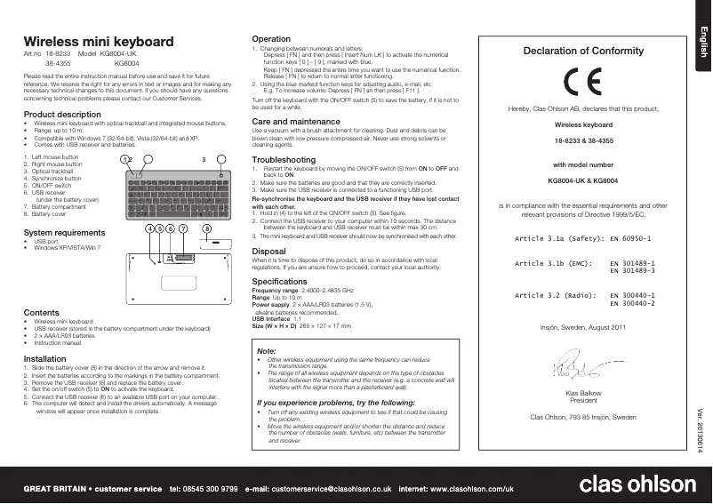 Page 1 de la notice Manuel utilisateur Clas Ohlson KG8004