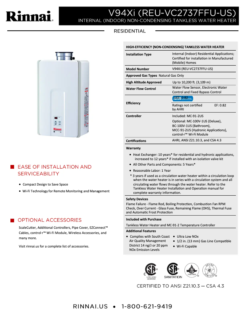 Page n°1 - Fiche technique Rinnai V94XiN