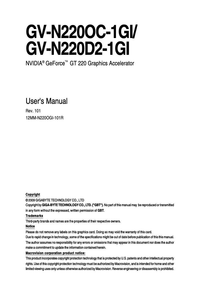 Page 1 de la notice Manuel utilisateur Gigabyte GV-N220OC-1GI