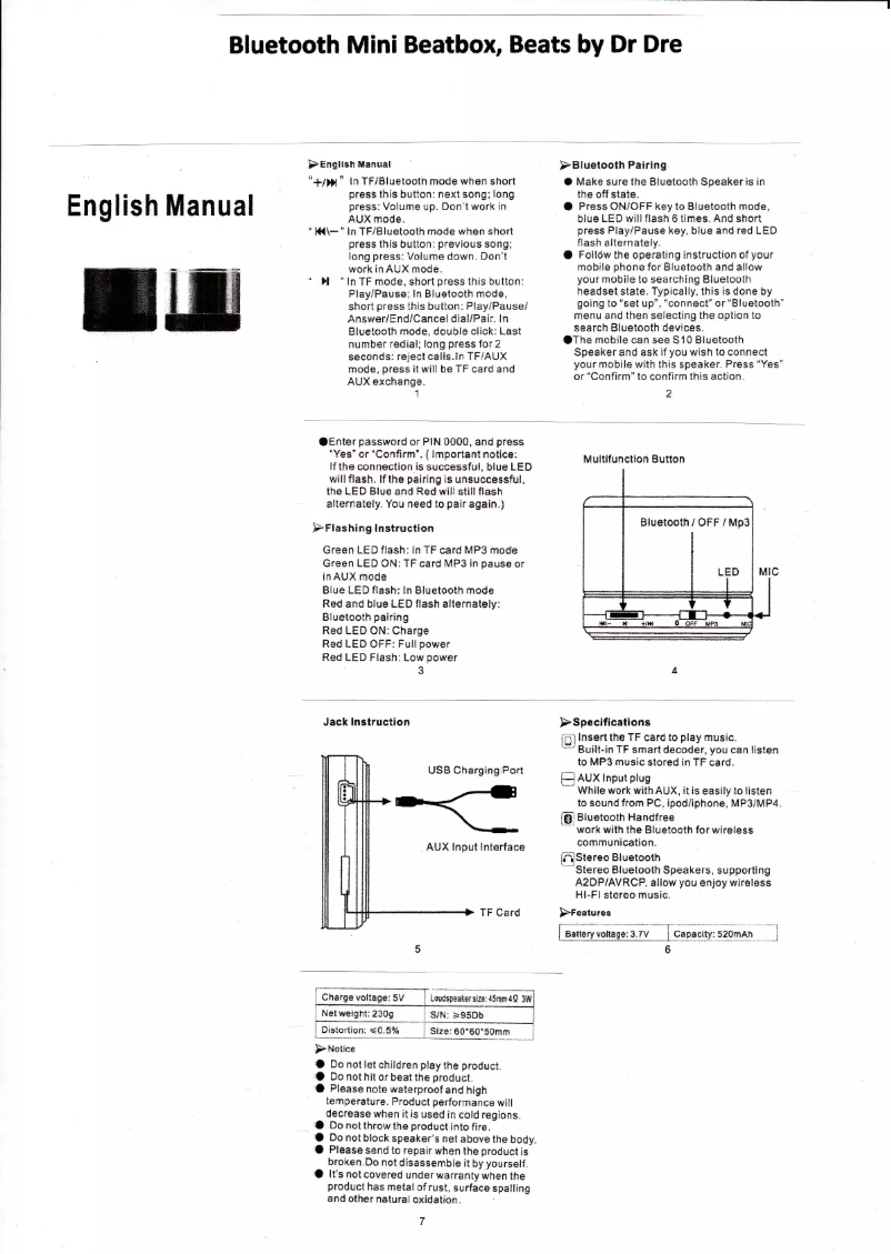 Image de la première page du manuel de l'appareil Mini Beatbox Bluetooth