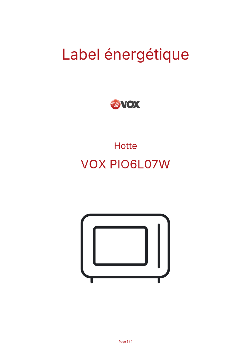 Page n°1 - Label énergétique VOX PIO6L07W