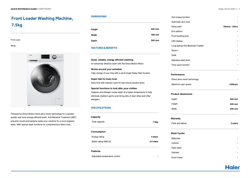 Page 1 de la notice Fiche technique Haier HWF75DW1