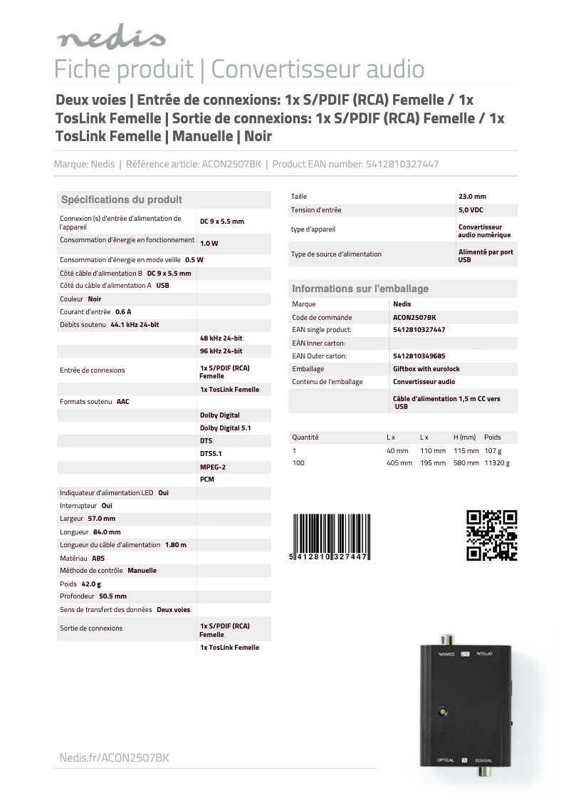 Page 1 de la notice Manuel utilisateur Nedis ACON2507BK