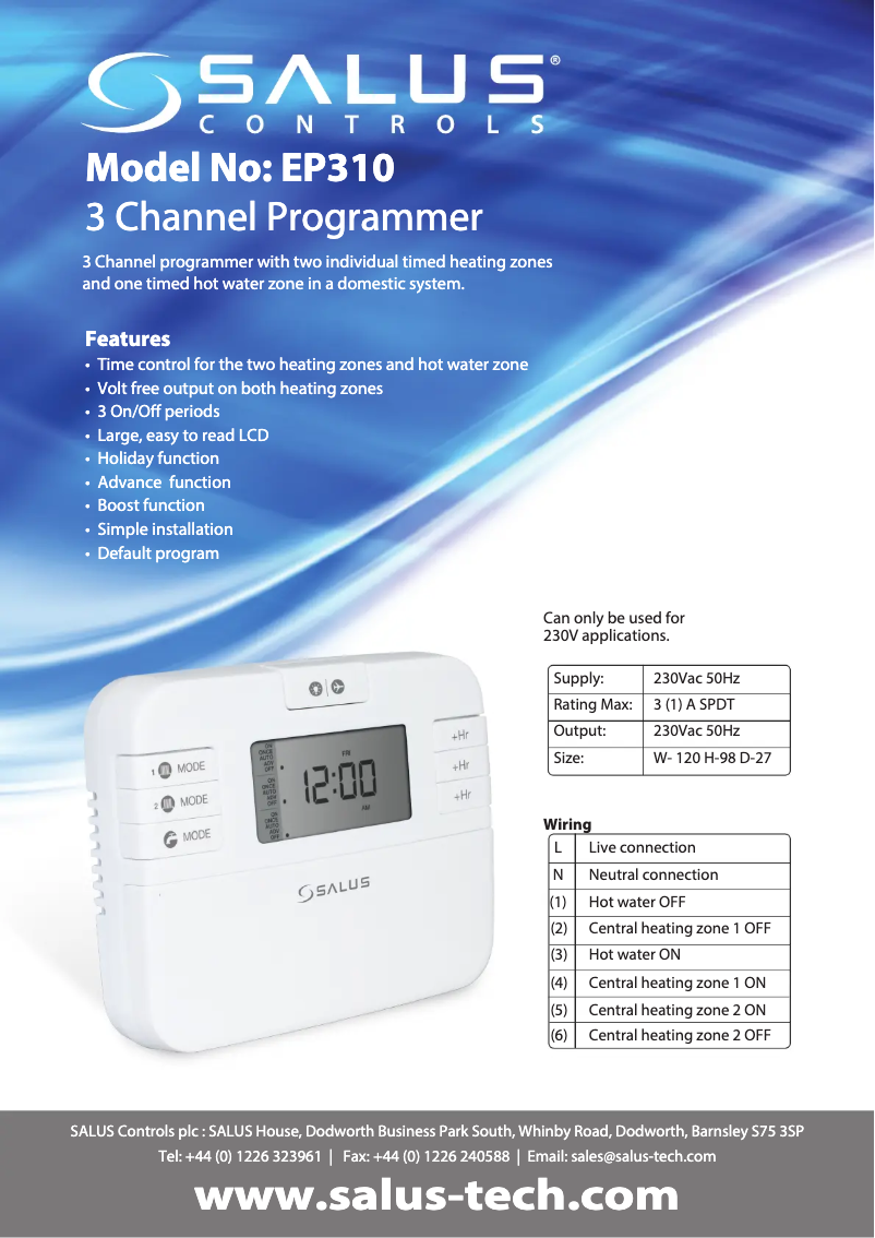 Page 1 de la notice Fiche technique Salus EP310