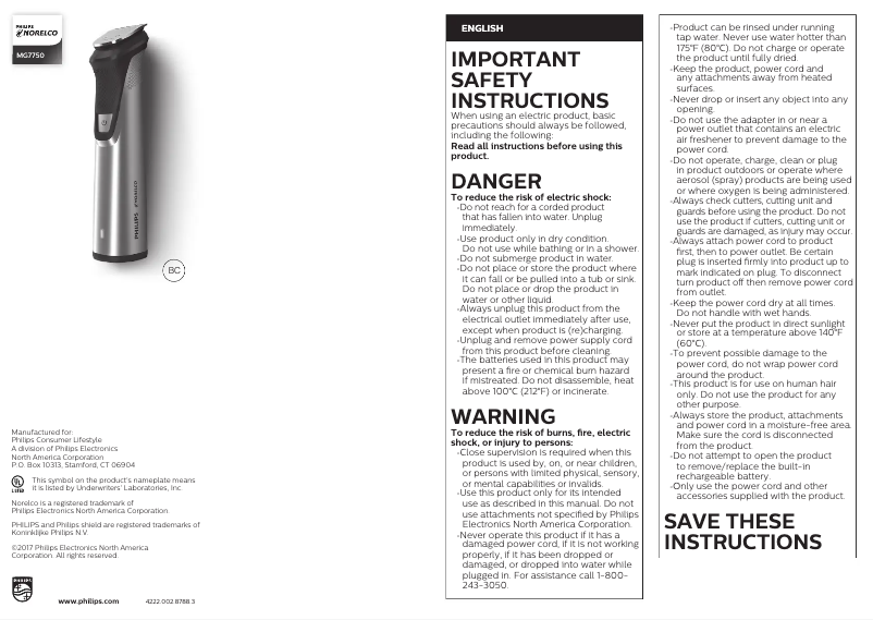 Page 1 de la notice Manuel utilisateur Philips MG7750